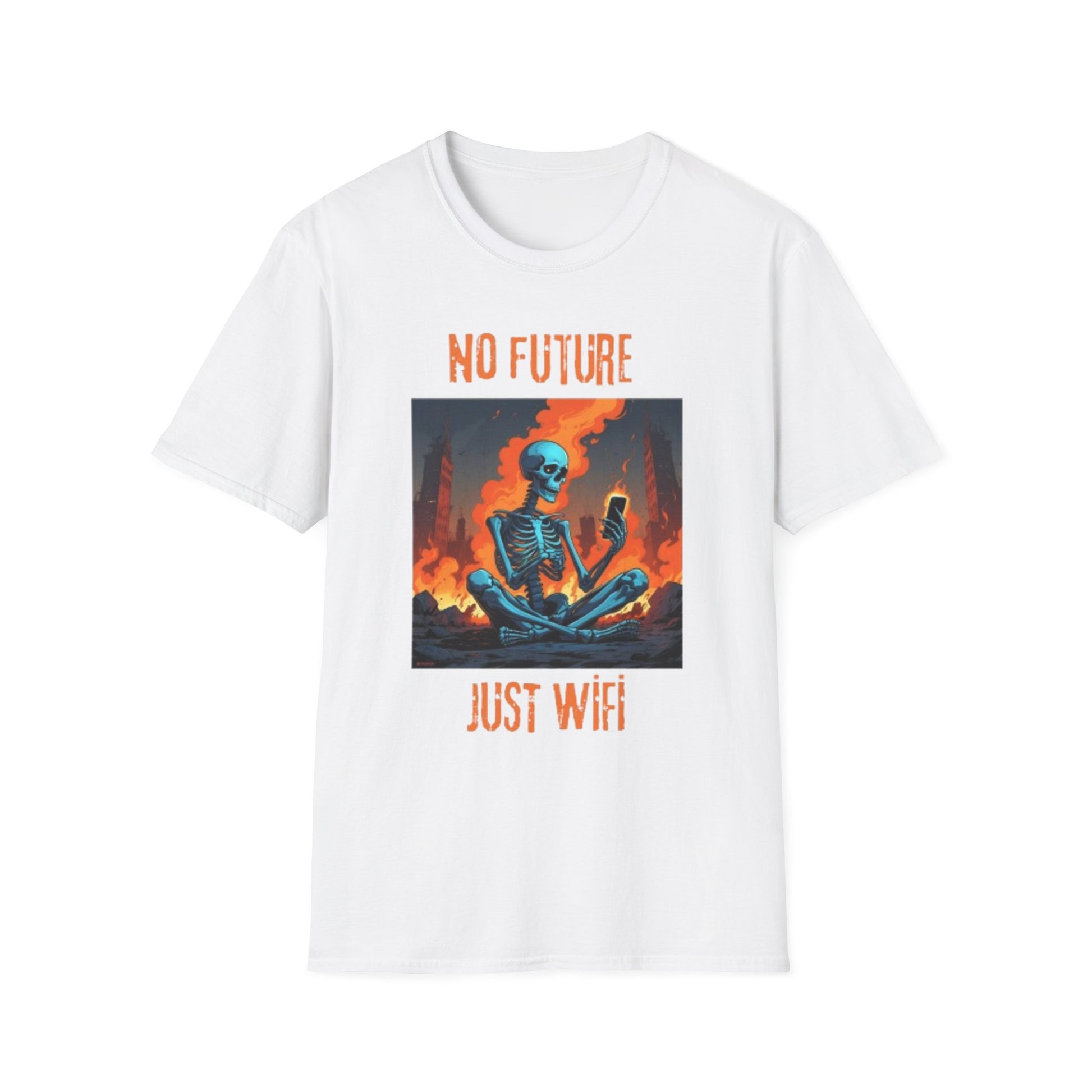 Quirky Graphic T-Shirt - No Future Just WiFi, Unisex Tee, Casual Wear, Tech Lover Gift, Retro Skeleton Design