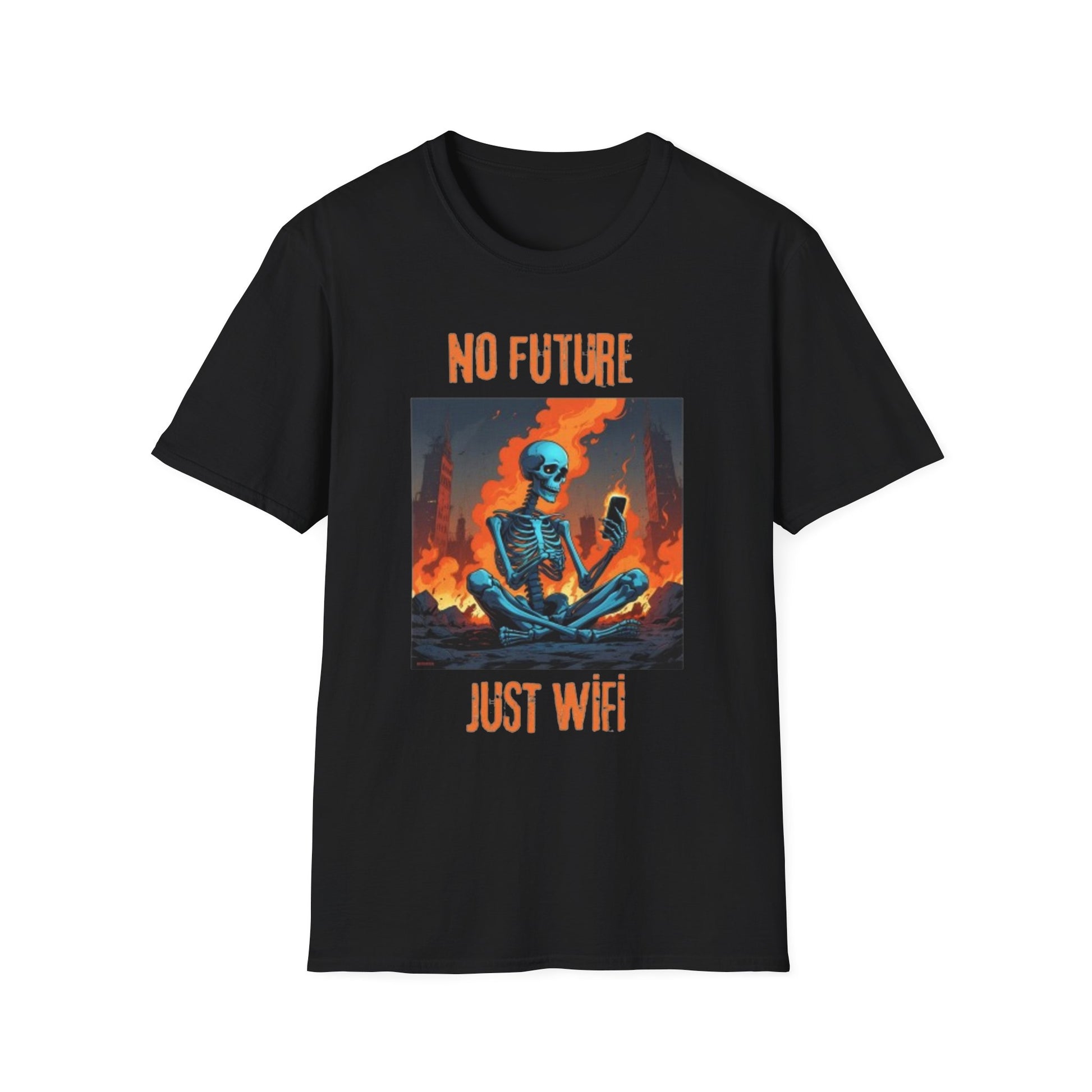Quirky Graphic T-Shirt - No Future Just WiFi, Unisex Tee, Casual Wear, Tech Lover Gift, Retro Skeleton Design