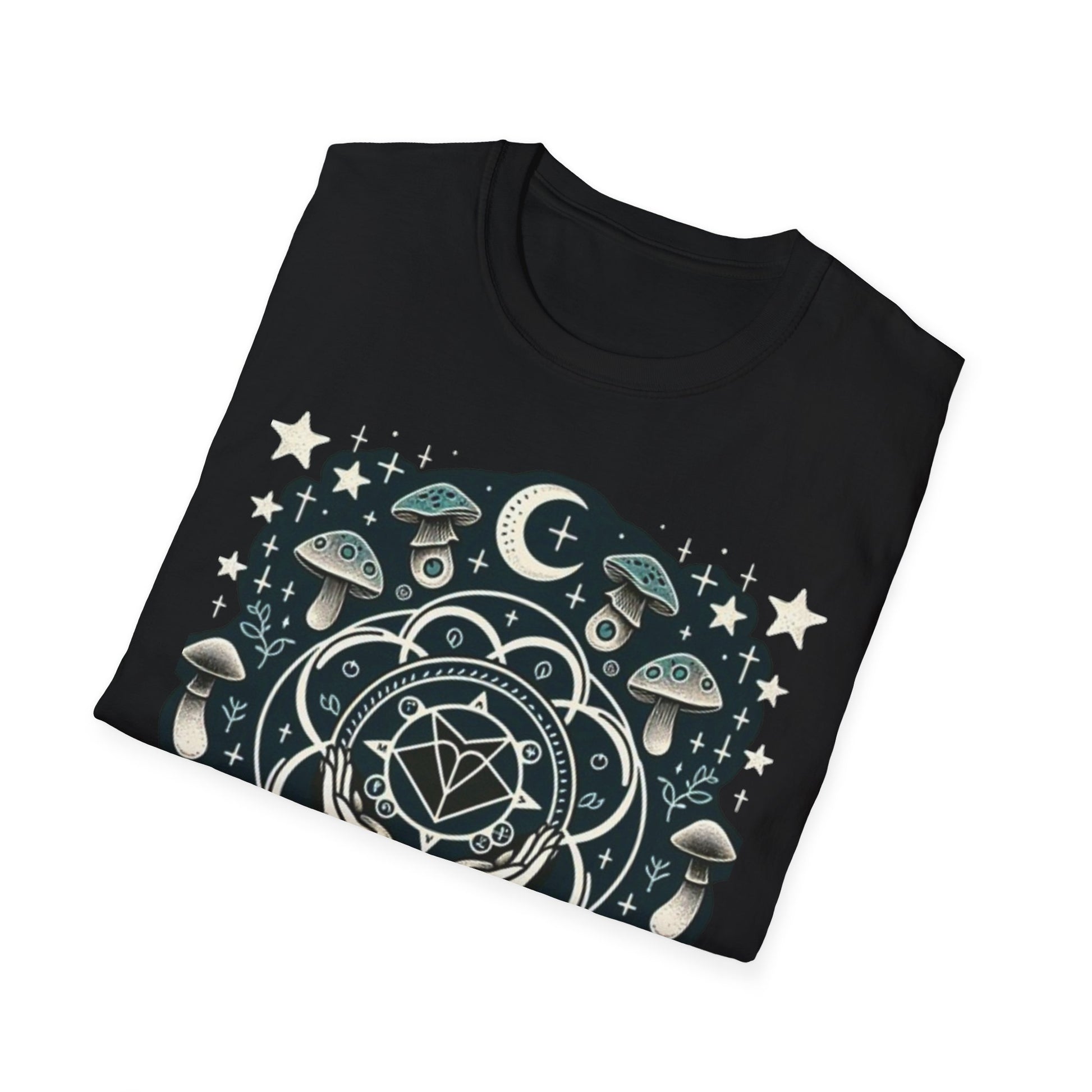 Mystical Cosmic Unisex Softstyle T-Shirt | Design with Moon, Stars & UFOs, Boho Graphic Tee, Astral Vibe Shirt, Gift for Dreamers