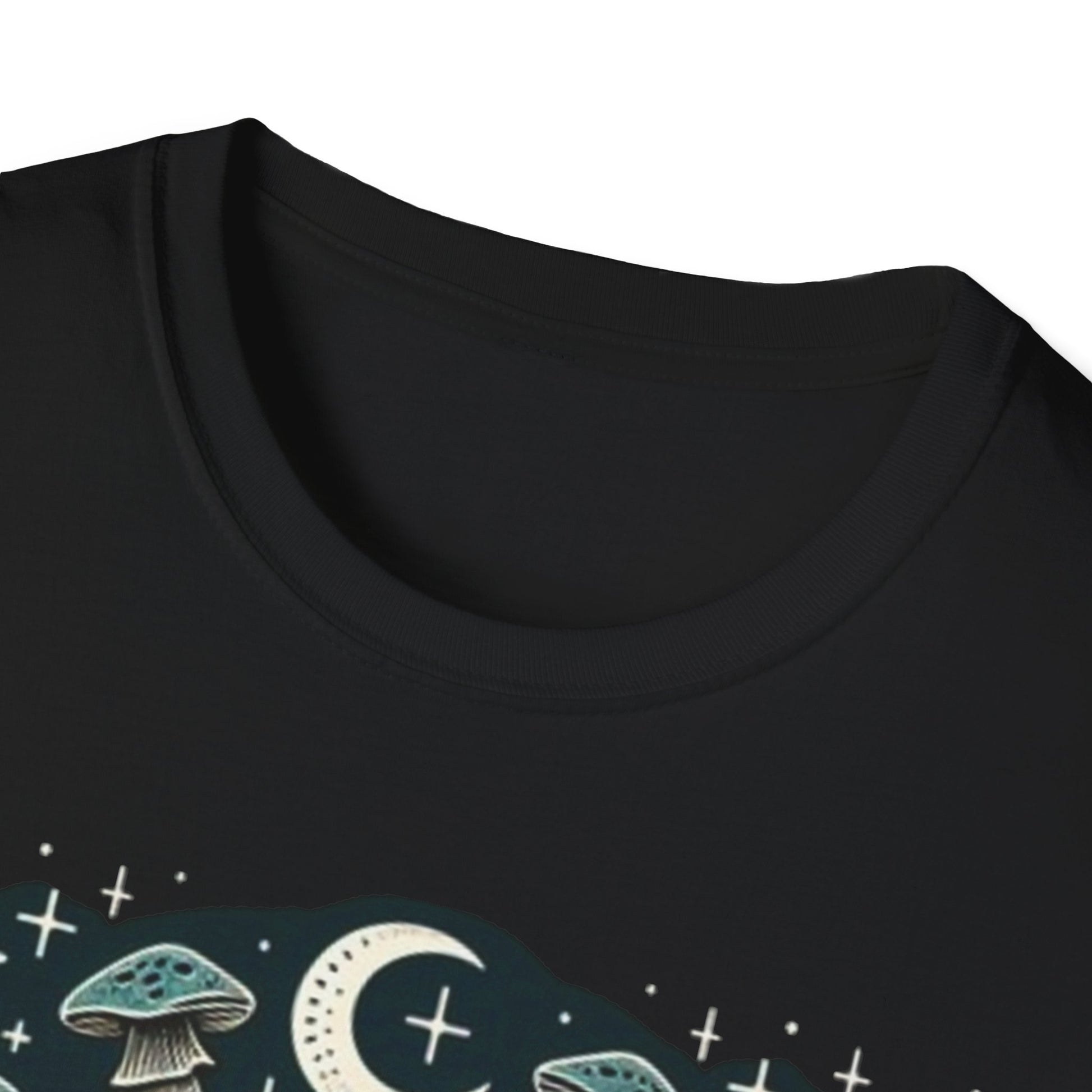 Mystical Cosmic Unisex Softstyle T-Shirt | Design with Moon, Stars & UFOs, Boho Graphic Tee, Astral Vibe Shirt, Gift for Dreamers